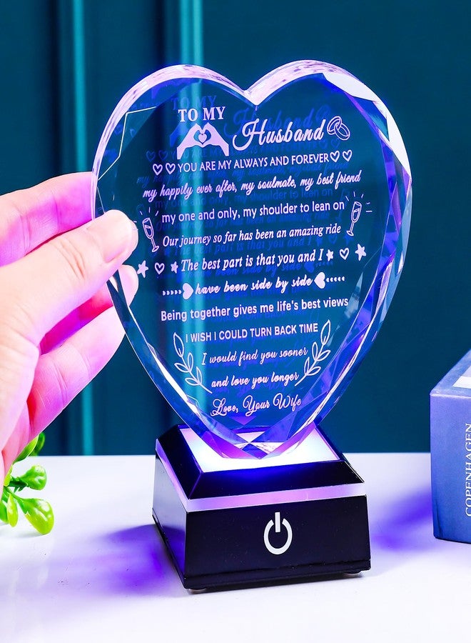 YWHL Gifts for Husband from Wife with Colorful LED Base Anniversary Birthday Gifts for Husband to My Husband Crystal Heart keepsake I Love You Gifts for Him on Valentine Christmas Fathers Day - Image 4
